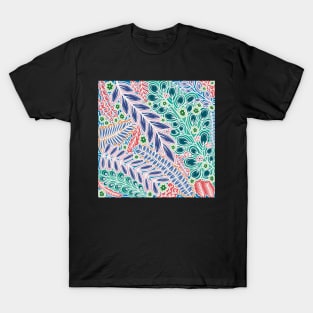 Lovely Leafy Layers - Cool Colors and White Outline - Digitally Illustrated Flower Pattern for Home Decor, Clothing Fabric, Curtains, Bedding, Pillows, Upholstery, Phone Cases and Stationary T-Shirt